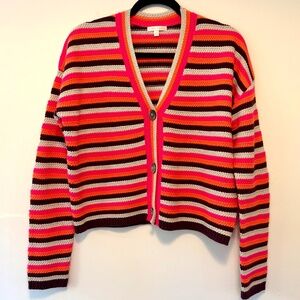 Lisa Todd Neon Slouchy Cardigan Cotton Stripe Cropped Buttons Color Pop SMALL